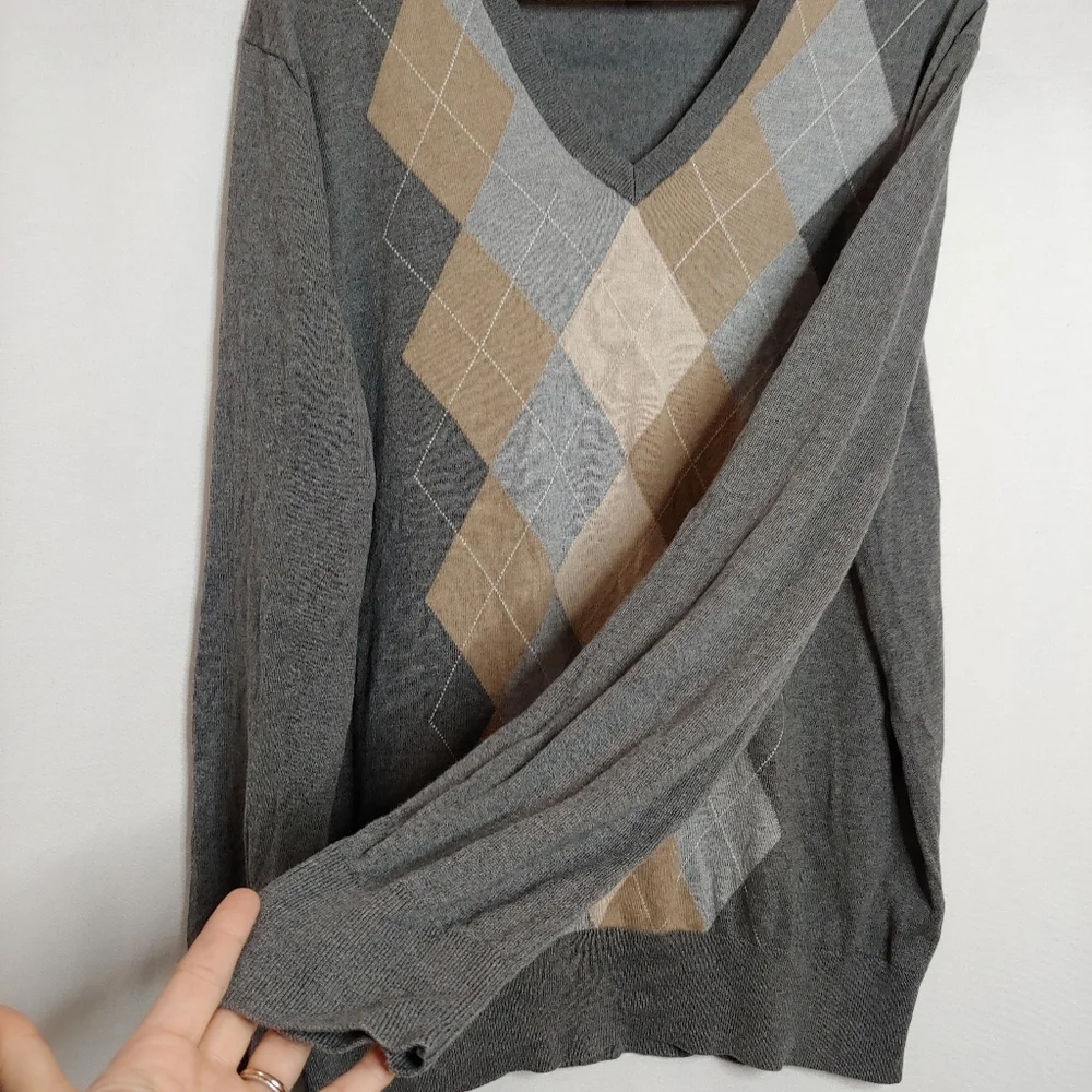 Banana Republic Argyle Pullover Sweater Gray Tan Cream Silk Cotton‎ Cashmere XL
